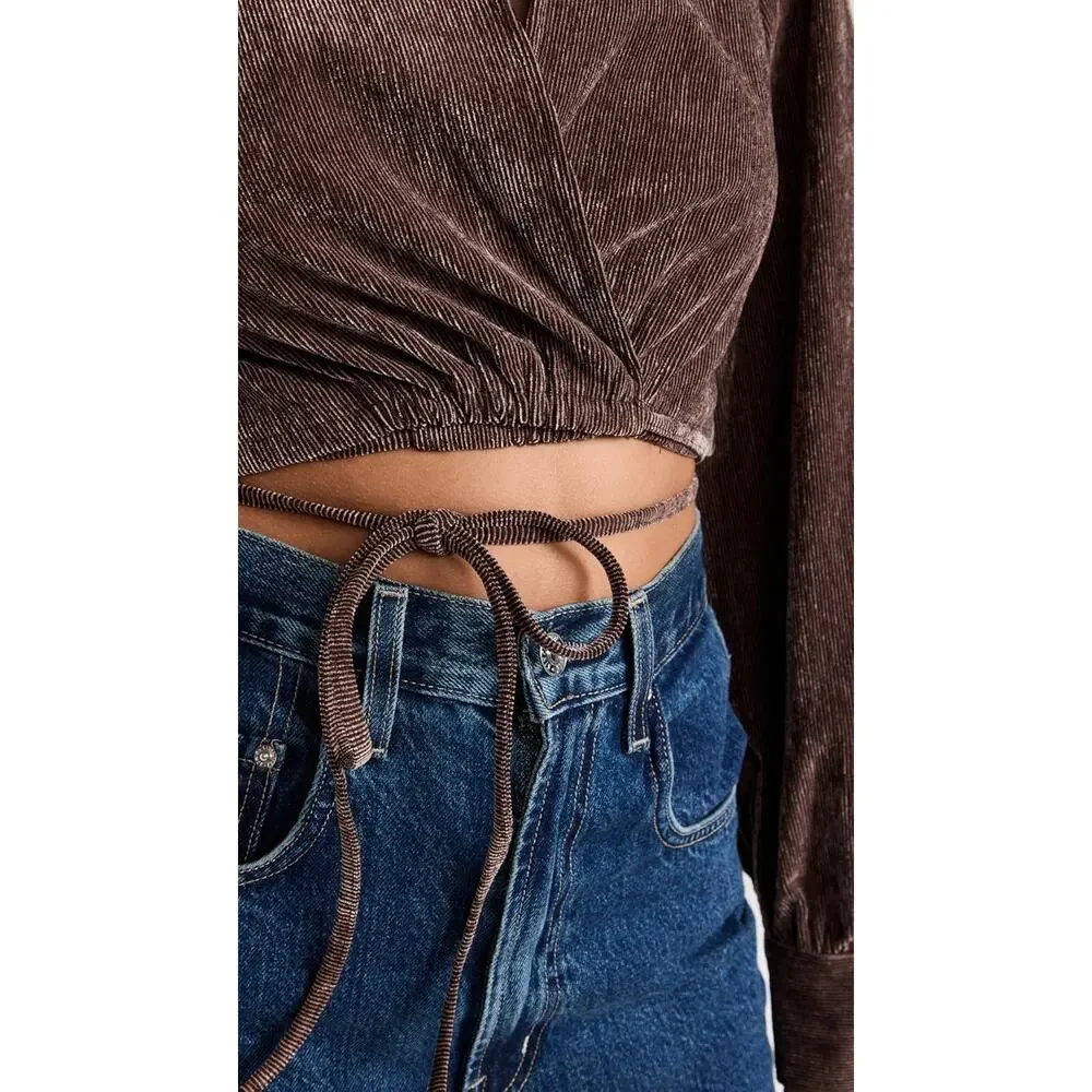 En Saison Route Wrap Brown Corduroy Wrap V-Neck Long Sleeve Crop Blouse Small